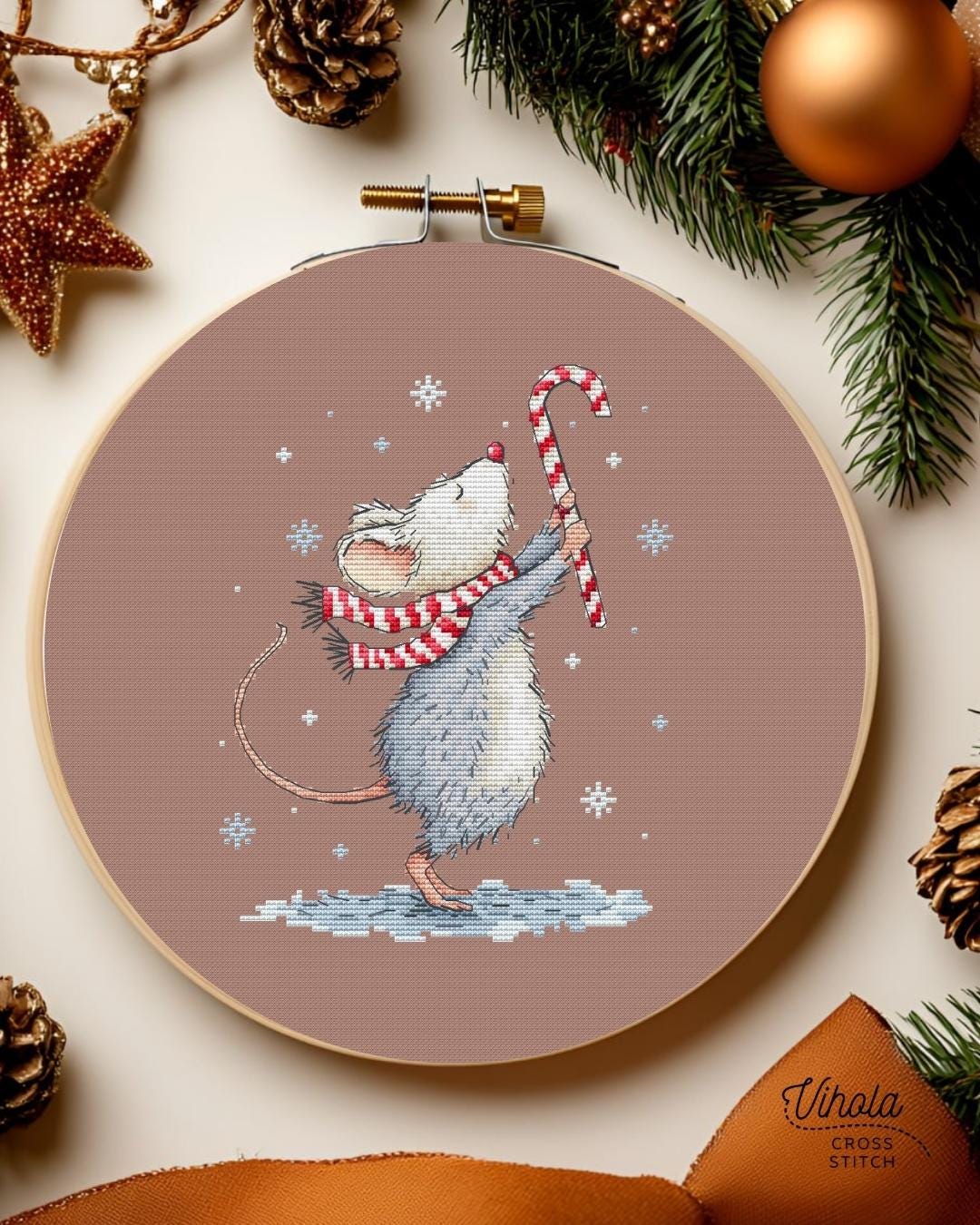 Christmas Mouse Cross Stitch Pattern, Cute Winter Mouse with Candy Can ...