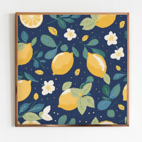 Lemon Repeating Cross Stitch Sewing Modern Embroidery Pattern Instant DMC Download Bunch of Flowers Beginner Blue Yellow Citrus Fruit Lemons