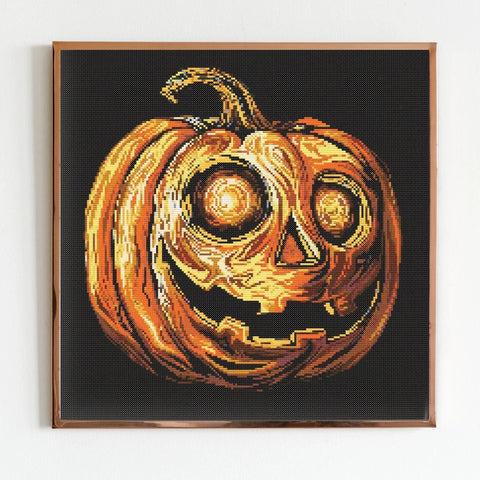 Pumpkin Halloween Cross Stitch Sewing Modern Embroidery Pattern Funny Snarky Cute Beginner Van Gogh Edvard Monk Kitten jack-o-lantern