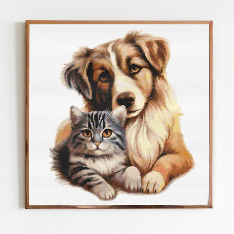 Cuddling Cat and Dog Cross Stitch Sewing Modern Embroidery Pattern Instant DMC Download Funny Snarky Cute Kitten Ying Yang Dog Puppy