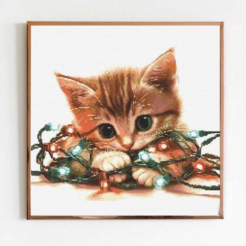 Cat in Christmas Lights Cross Stitch Sewing Embroidery Pattern X-Stitch Flowers Cottagecore Cute Cat Lover Kitty Kitten Gift Present