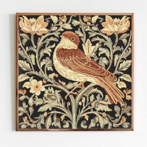 William Morris Style Sparrow and Botanicals Cross Stitch Sewing Modern Embroidery Pattern Artwork Art Needlework Embroidery Cottagecore Bird