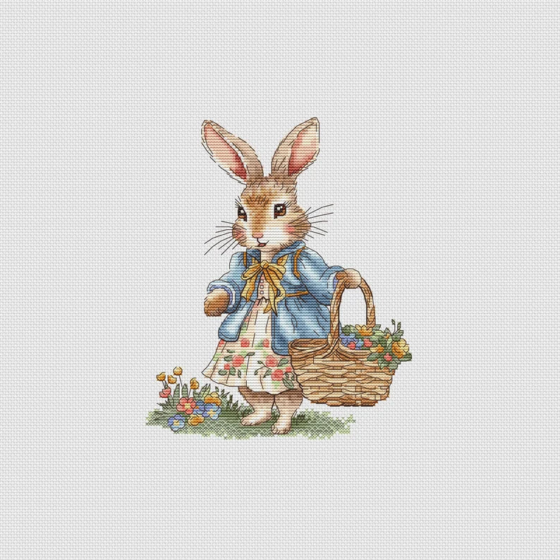 Rabbit Girl Cross Stitch Pattern: Bunny with Flowers (PDF Digital File)