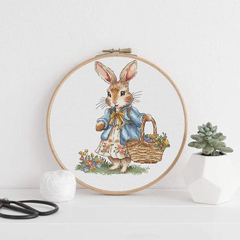 Rabbit Girl Cross Stitch Pattern: Bunny with Flowers (PDF Digital File)