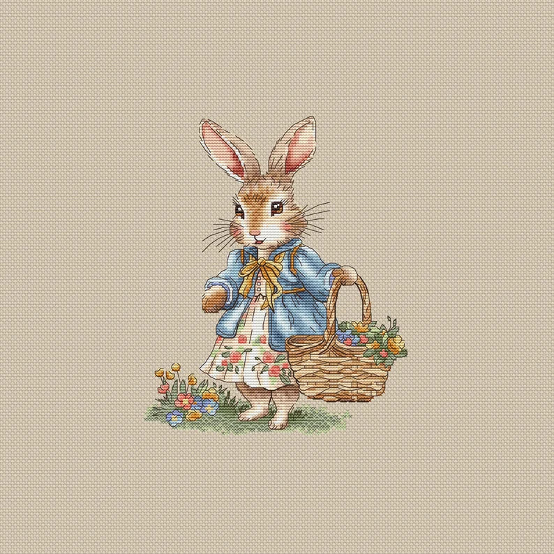 Rabbit Girl Cross Stitch Pattern: Bunny with Flowers (PDF Digital File)