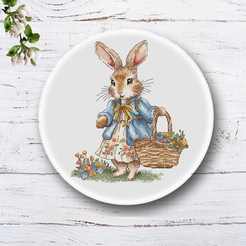 Rabbit Girl Cross Stitch Pattern: Bunny with Flowers (PDF Digital File)