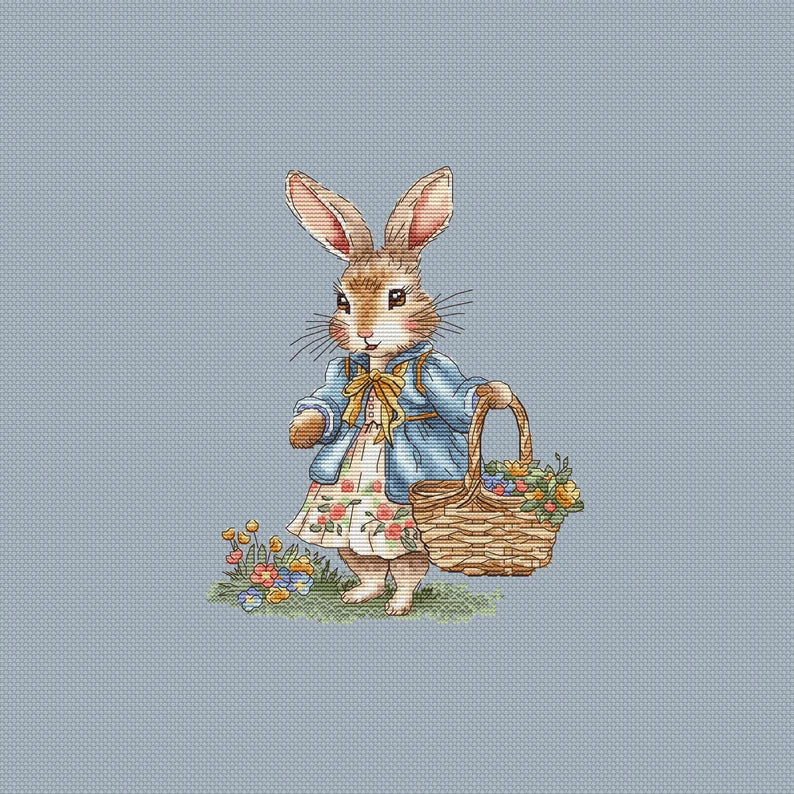 Rabbit Girl Cross Stitch Pattern: Bunny with Flowers (PDF Digital File)