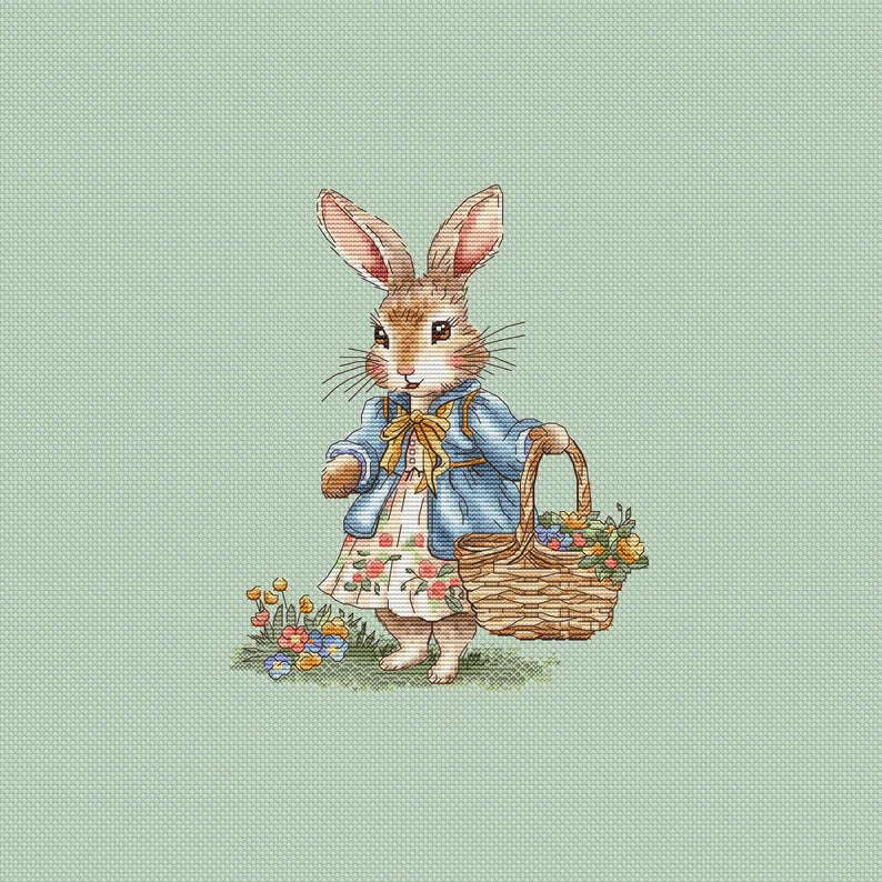 Rabbit Girl Cross Stitch Pattern: Bunny with Flowers (PDF Digital File)