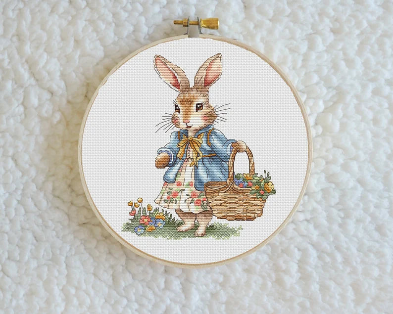 Rabbit Girl Cross Stitch Pattern: Bunny with Flowers (PDF Digital File)