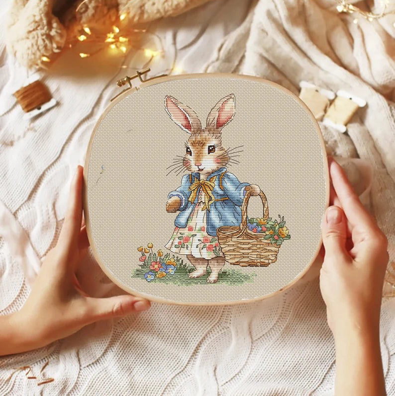 Rabbit Girl Cross Stitch Pattern: Bunny with Flowers (PDF Digital File)