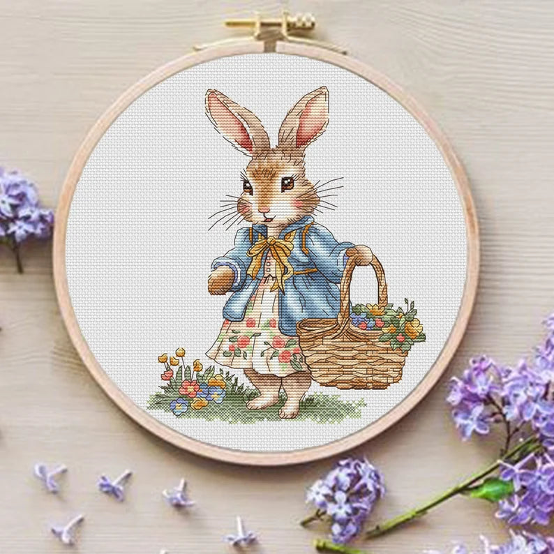 Rabbit Girl Cross Stitch Pattern: Bunny with Flowers (PDF Digital File)