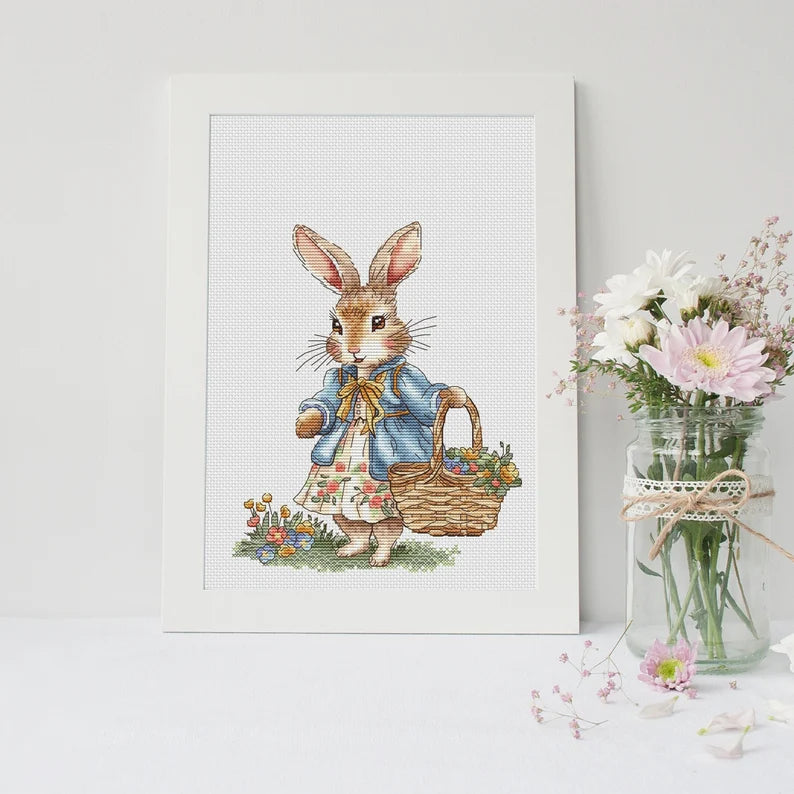 Rabbit Girl Cross Stitch Pattern: Bunny with Flowers (PDF Digital File)