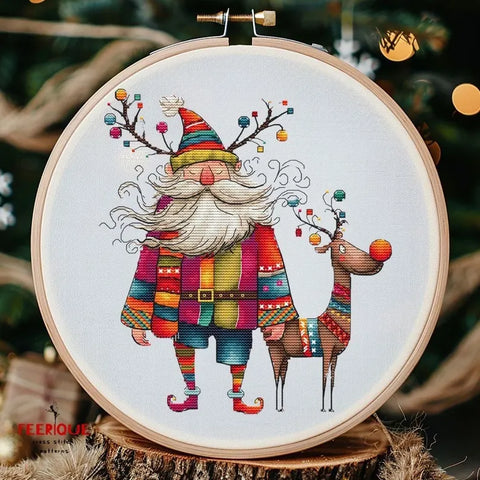 Funny Grandfather Frost and Reindeer, Christmas Cross Stitch Pattern – Humorous Holiday Embroidery Scheme, digital PDF, Saga, needlework art