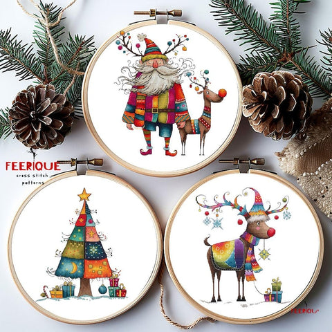 Set of 3 Humorous Christmas Cross Stitch Patterns - Santa, Reindeer, & Christmas Tree, Funny Grandfather Frost, Reindeer, Digital PDF Chart
