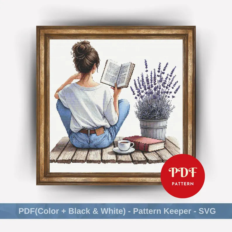 Girl Reading Book Cross Stitch Pattern, Woman Embroidery Stitch Pattern, Embroidery, Girl Cross Stitch PDF Pattern File, point de croix, DIY